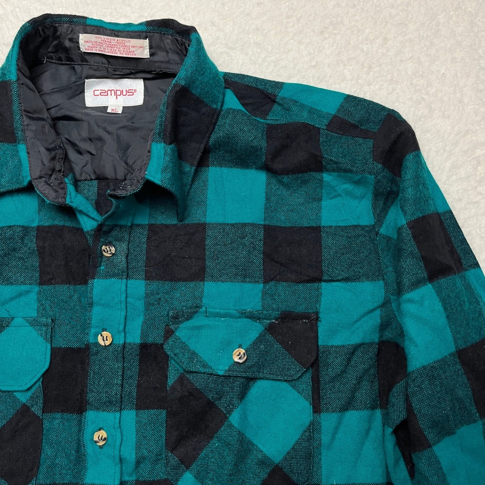 Campus Flannel Shirt Mens XL Green Black Buffalo Plaid Button Up Virgin‎ Acrylic